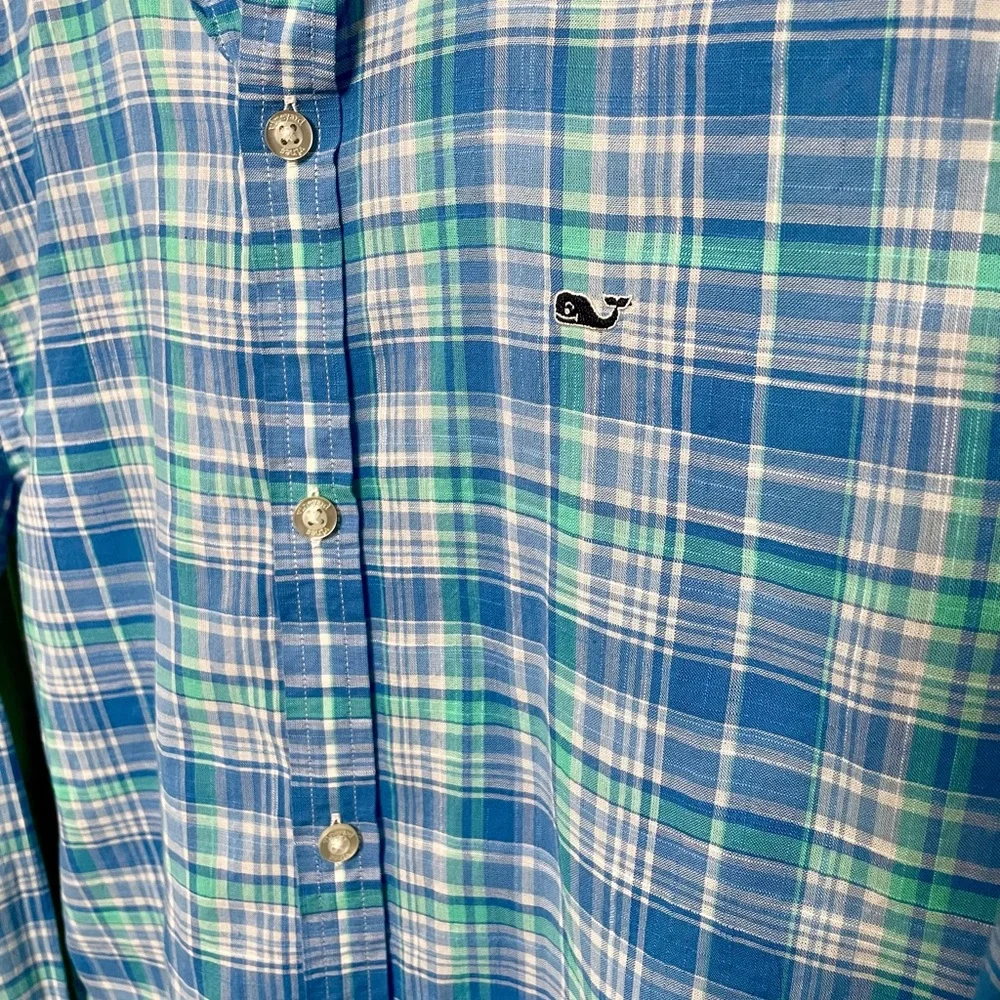 Vineyard Vines Boy's L(16) 100% Cotton Blue & Green Plaid Button-Down Shirt